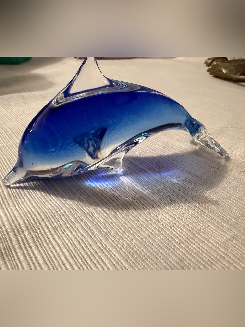 GY Blue Handblown Clear Art Glass Dolphin Figurine Coastal Decor 4.5 Inch
